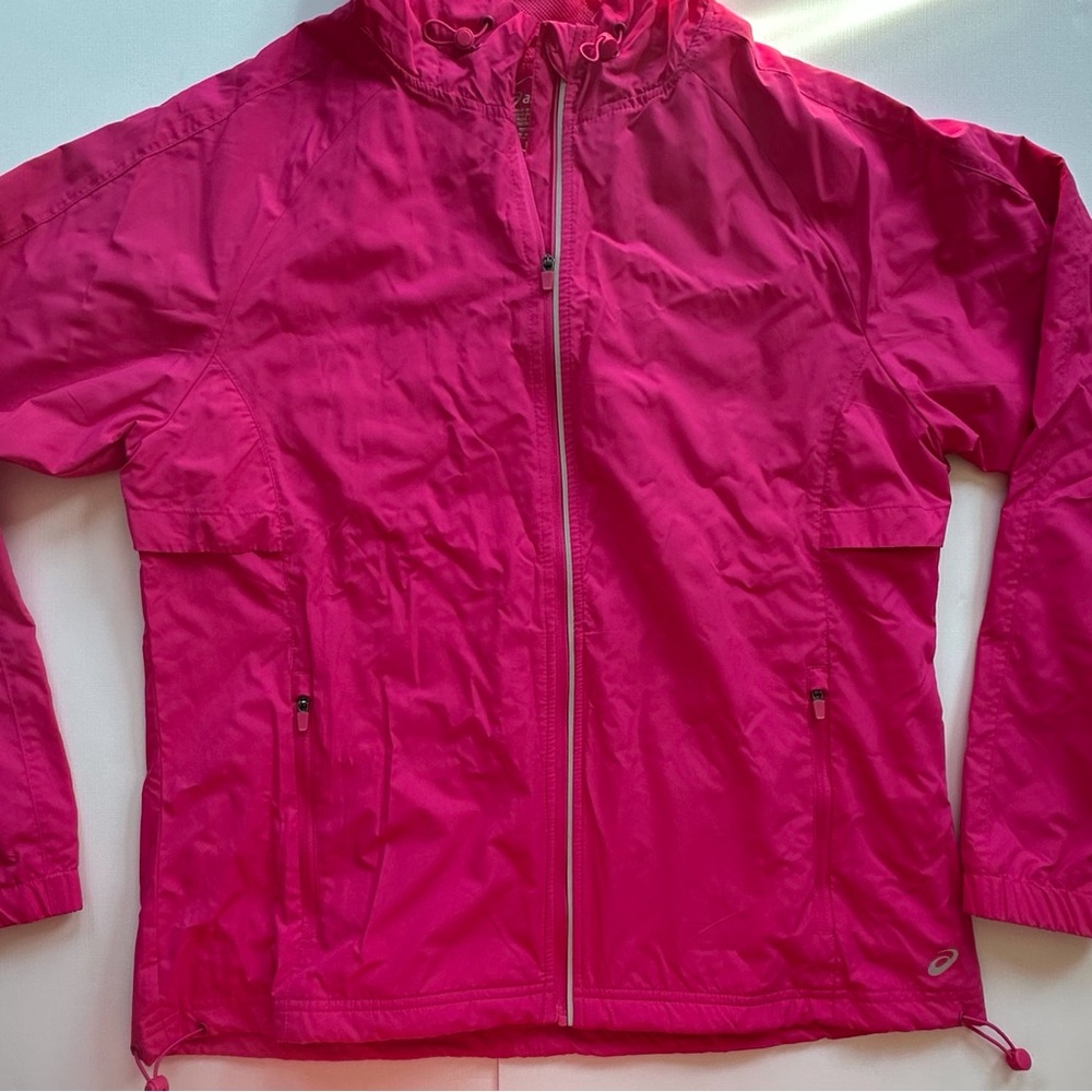 ASICS pink hooded full zip rain jacket coat windbreaker women’s medium pockets